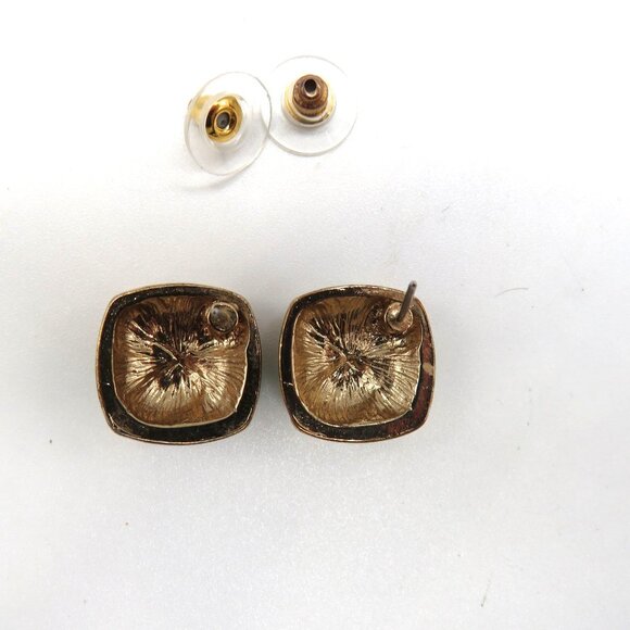 Vintage 80s Green Enamel Gold Tone Pierced Stud Square Abstract Animal Print - Picture 7 of 7